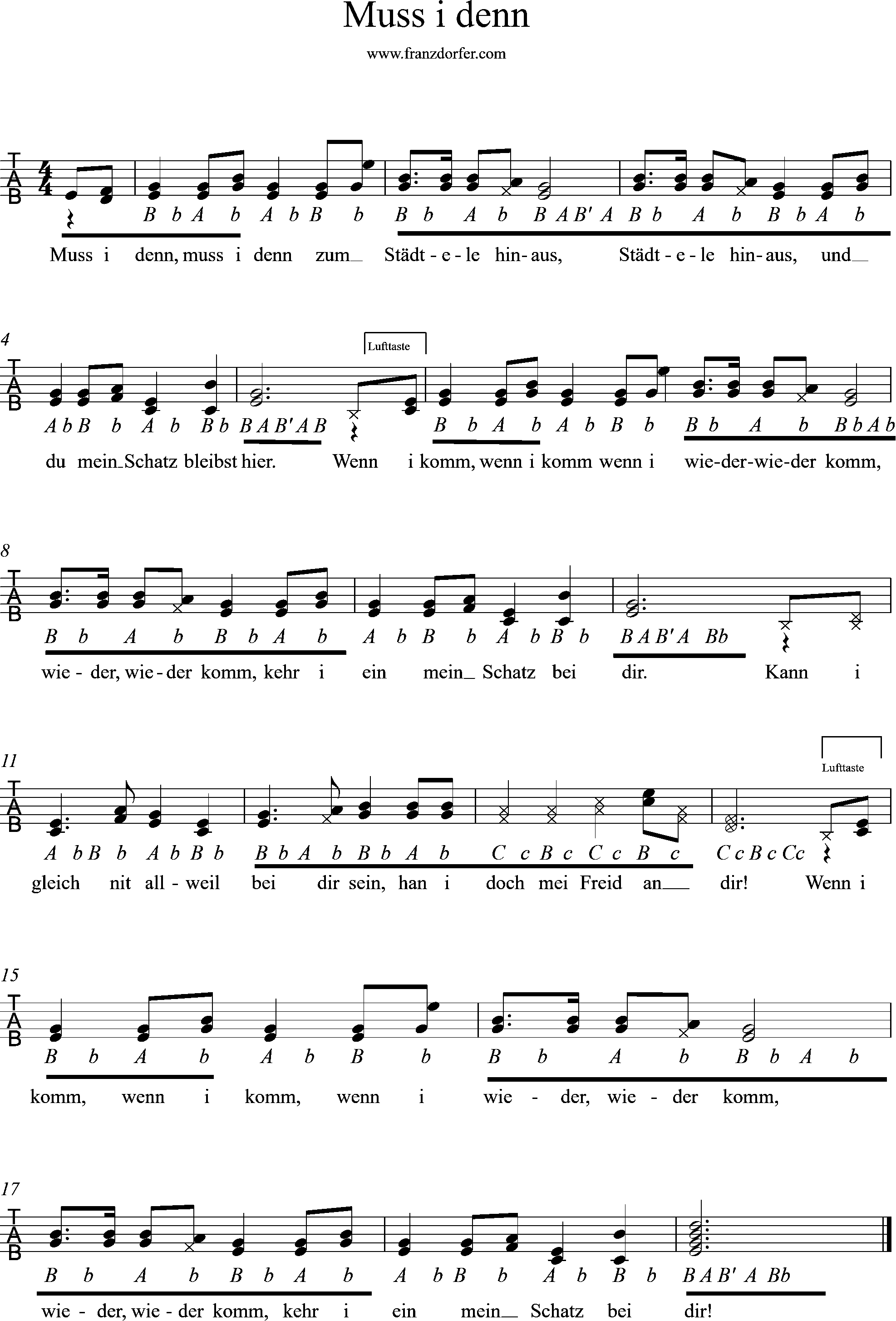 ziachhnoten, griffschrift, muss i denn steirische lernen, griffschrift, Muss i denn zum städtele